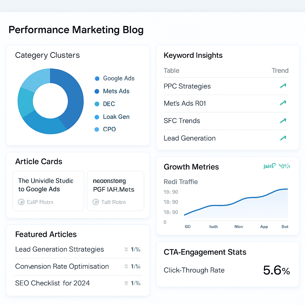 Blog content dashboard showing categories, keywords, and growth insights