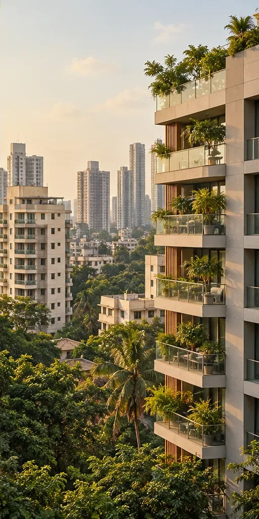 Residential towers above tree-lined streets