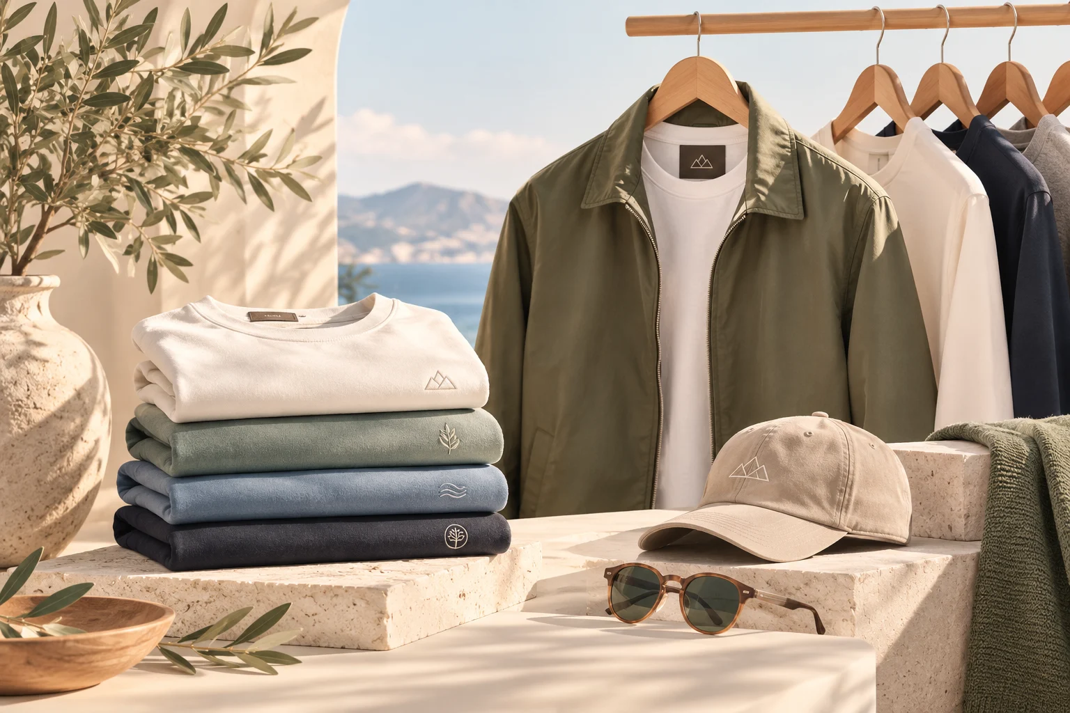 Conceptual product-commerce scene: folded t-shirts and sweatshirts in sage, blue and navy, a jacket on a rail, a cap and sunglasses on stone display plinths in warm light